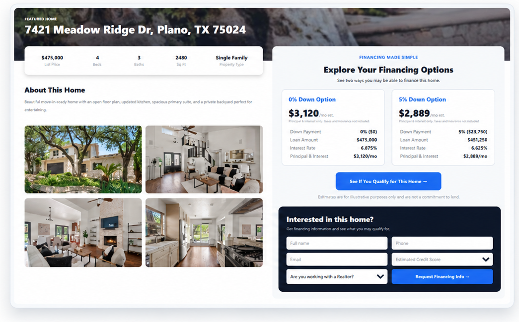 Sample mortgage property landing page with listing photos, financing options and lead capture form